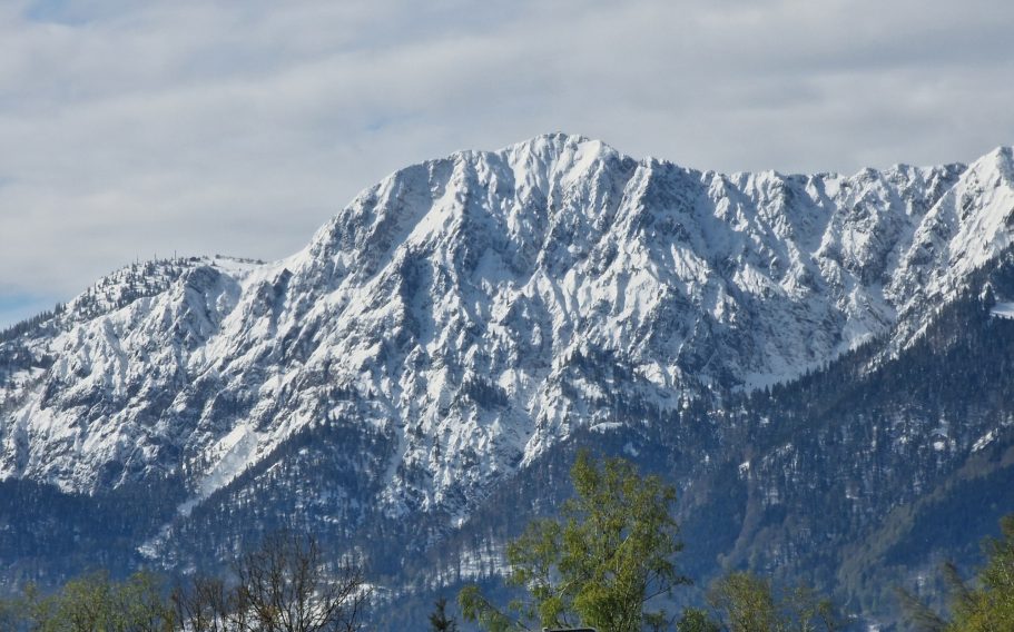 Motorradfahren in Südtirol Schneebedeckte Berge unter einem bewölkten Himmel, umgeben von grüner Vegetation. Südtirol